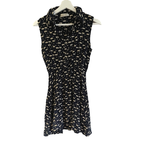 Korean Brand Dark Navy and Cream Cat Print Mini Dress XS - Picture 1 of 7